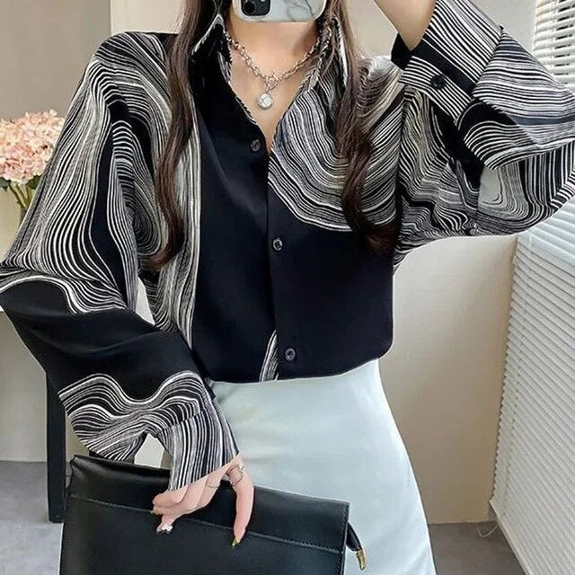 Striped Chiffon Blouse for Women with Lantern Sleeves
