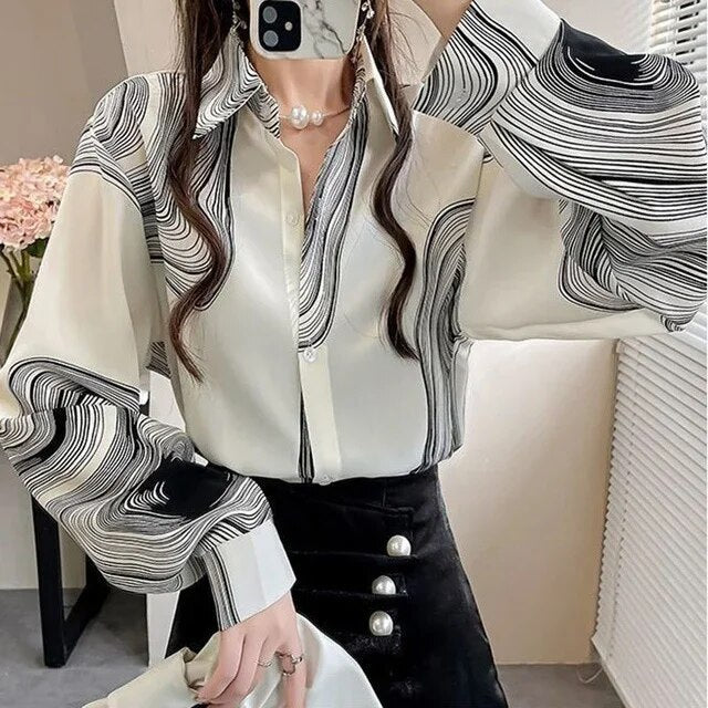Striped Chiffon Blouse for Women with Lantern Sleeves