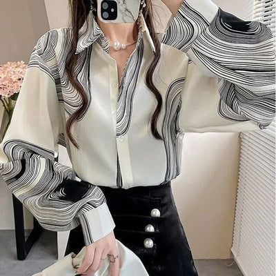 Striped Chiffon Blouse for Women with Lantern Sleeves