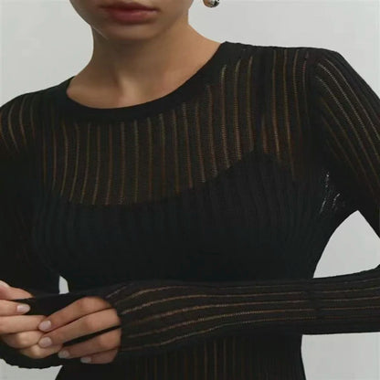 Women's transparent mesh long sleeve ribbed top