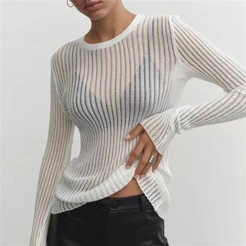 Women's transparent mesh long sleeve ribbed top