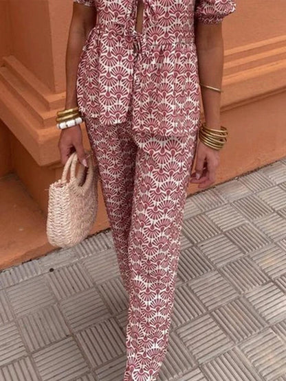 Women's Two-Piece Linen Set - Puff Sleeve Tie-Front Top & High-Waist Wide-Leg Pants - Boho Style