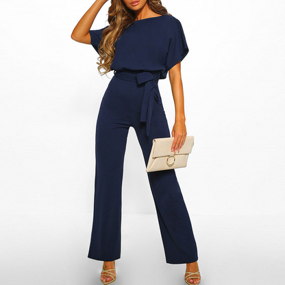 Women's Jumpsuit - Wide Leg - Belted Waist - Boat Neck - Short Sleeve Elegant Fit