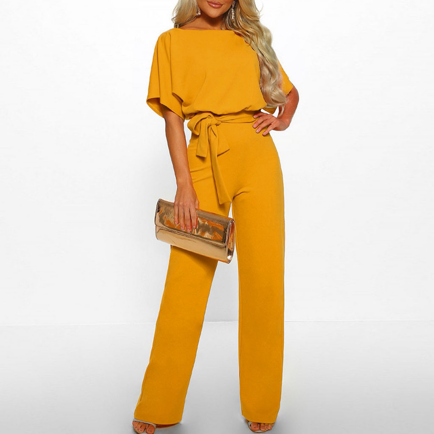 Women's Jumpsuit - Wide Leg - Belted Waist - Boat Neck - Short Sleeve Elegant Fit