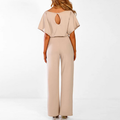 Women's Jumpsuit - Wide Leg - Belted Waist - Boat Neck - Short Sleeve Elegant Fit