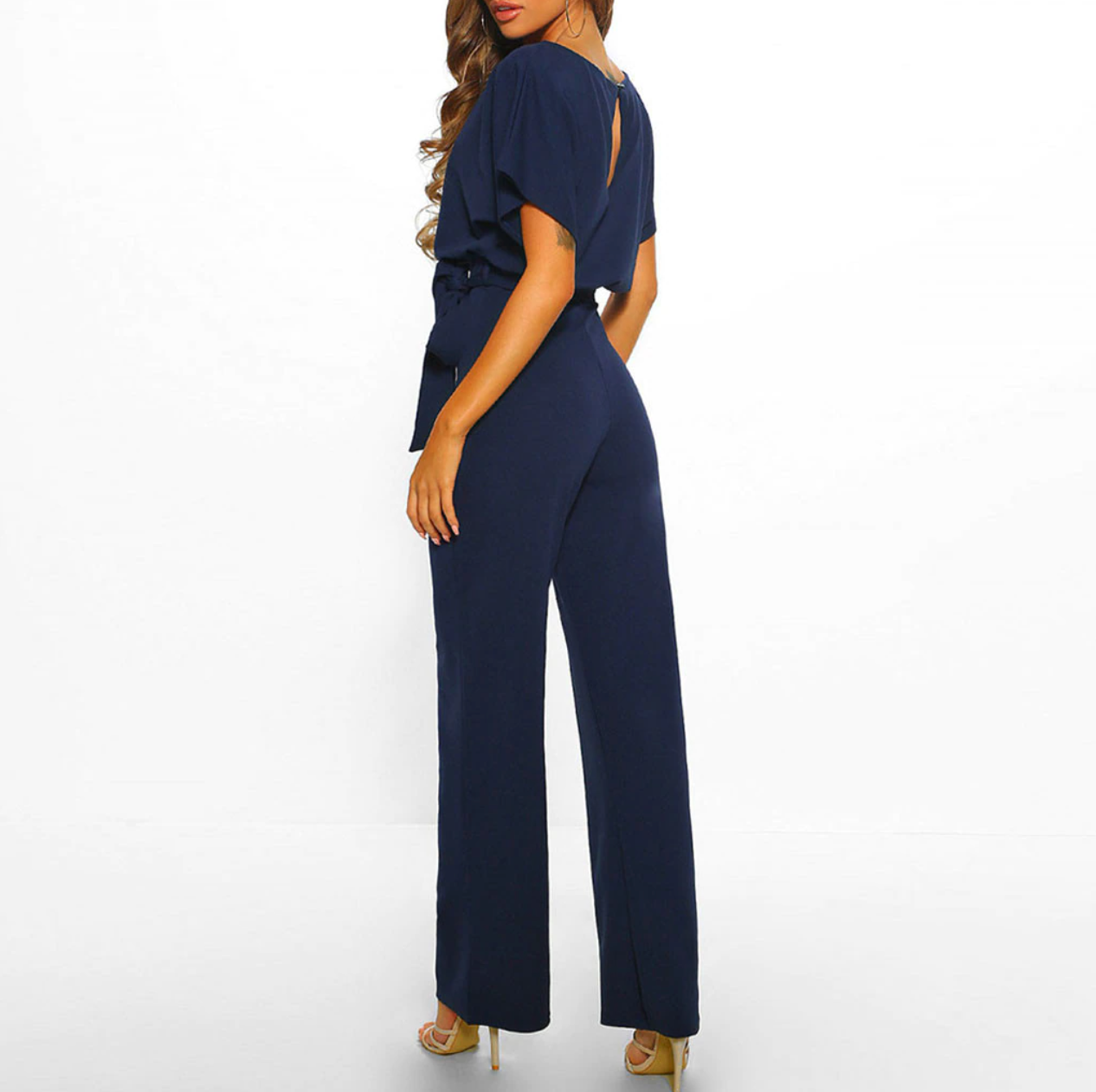 Women's Jumpsuit - Wide Leg - Belted Waist - Boat Neck - Short Sleeve Elegant Fit