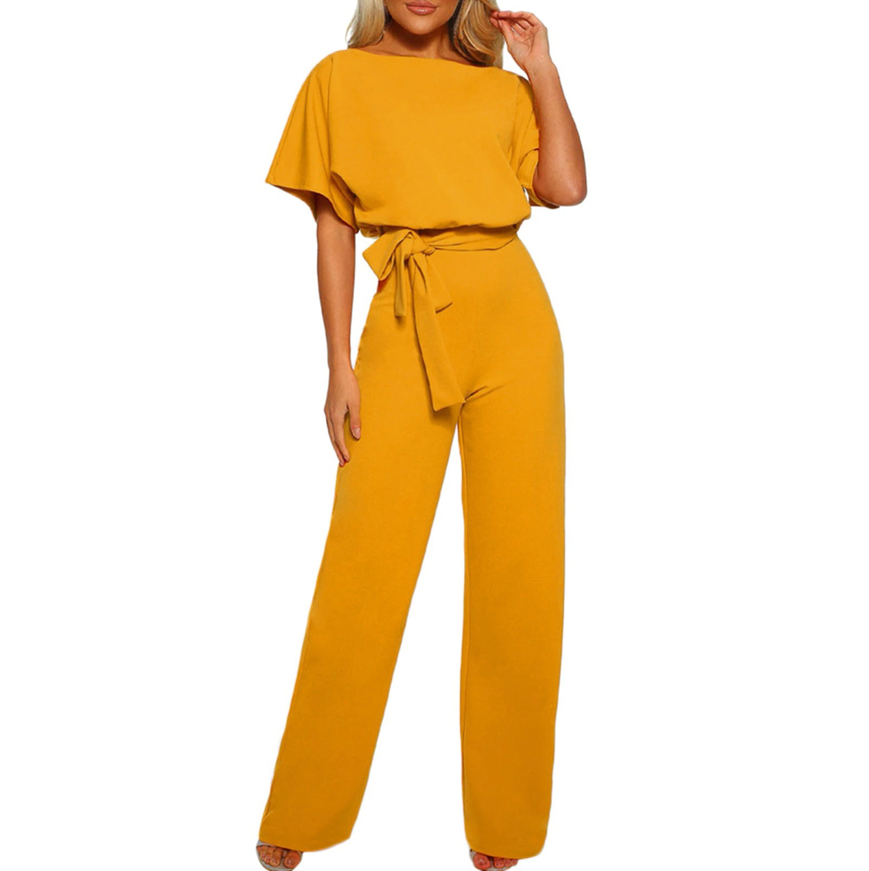 Women's Jumpsuit - Wide Leg - Belted Waist - Boat Neck - Short Sleeve Elegant Fit