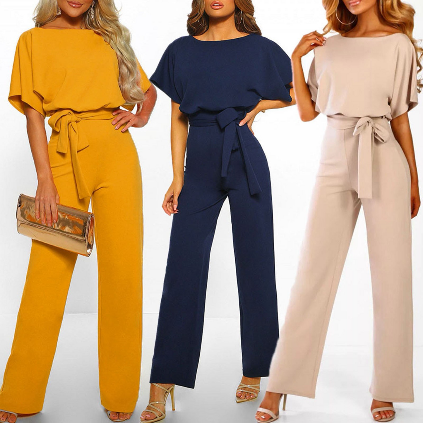 Women's Jumpsuit - Wide Leg - Belted Waist - Boat Neck - Short Sleeve Elegant Fit