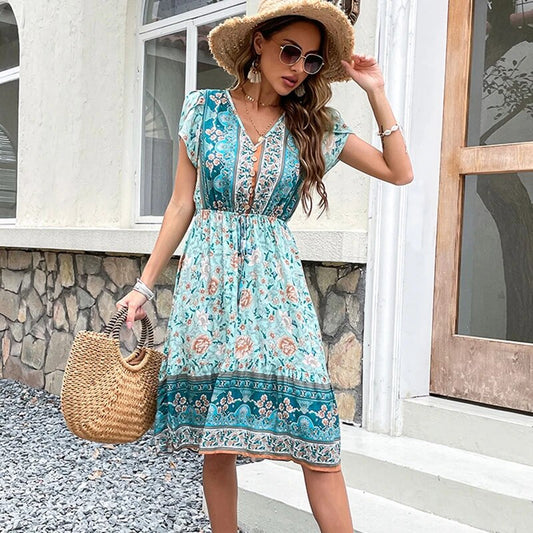 Women's Bohemian Dress - Floral Print - V-Neck Wrap Style - Short Sleeve Flowy Fit