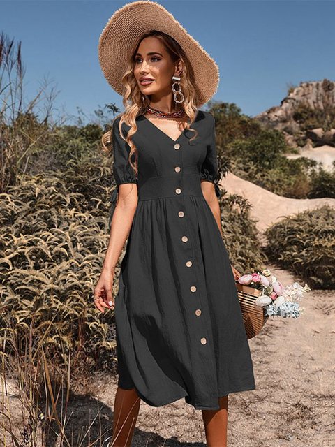 Women's Midi Dress - A-Line Silhouette - Button-Front - Short Puff Tie Sleeves