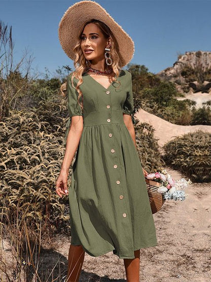 Women's Midi Dress - A-Line Silhouette - Button-Front - Short Puff Tie Sleeves