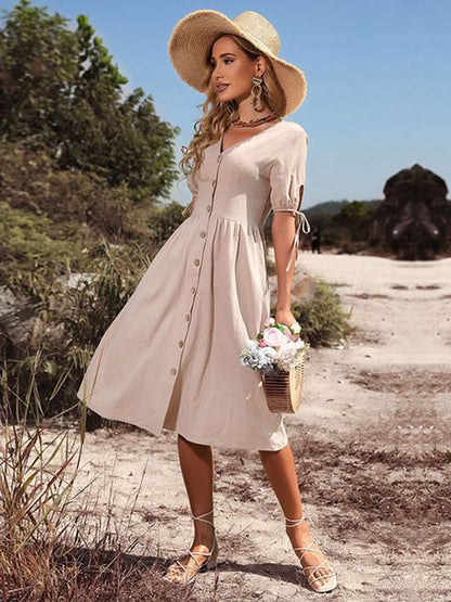 Women's Midi Dress - A-Line Silhouette - Button-Front - Short Puff Tie Sleeves