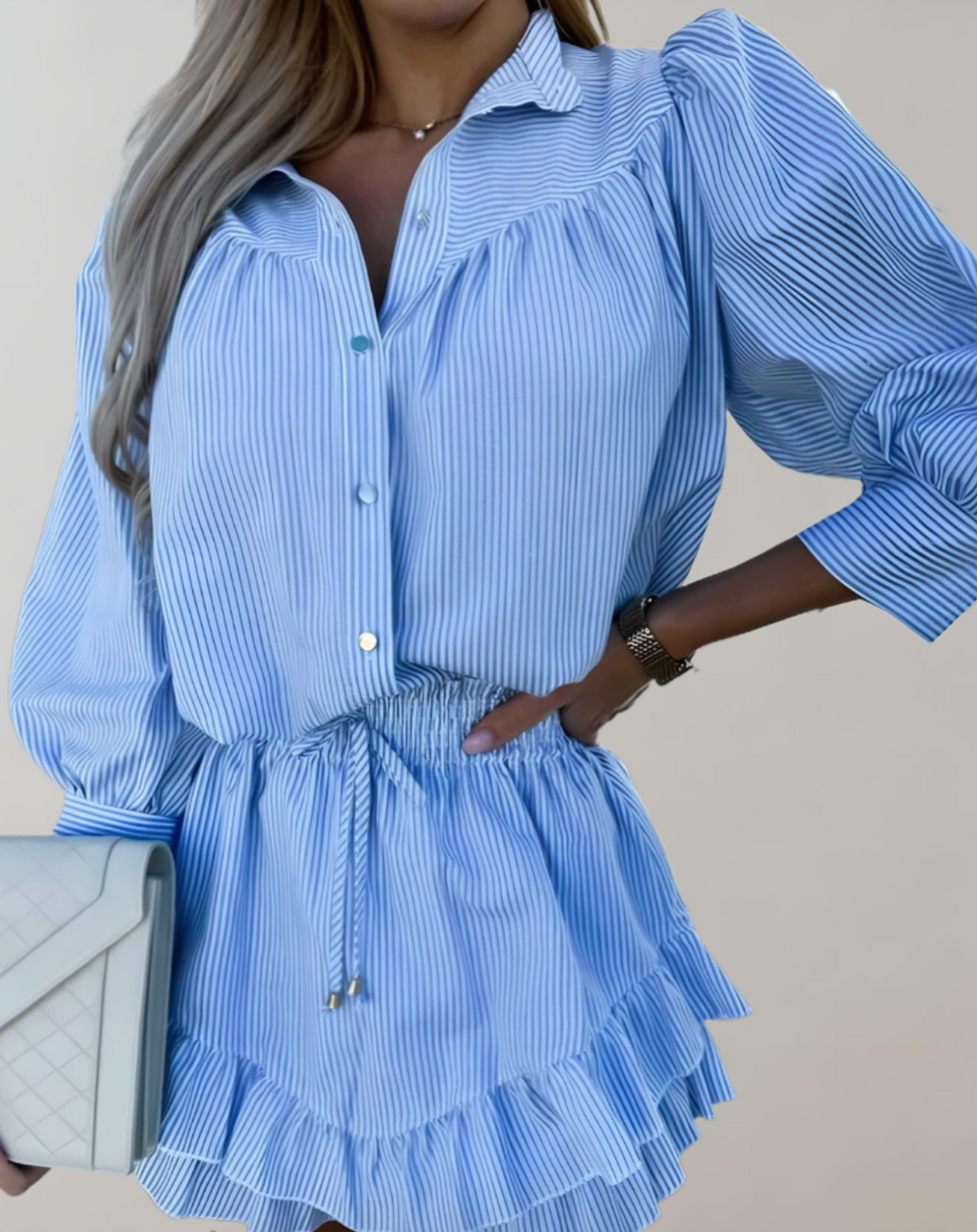 Women's Two-Piece Outfit - Button-Up Blouse & High-Waisted Mini Skirt - Ruffled Layers