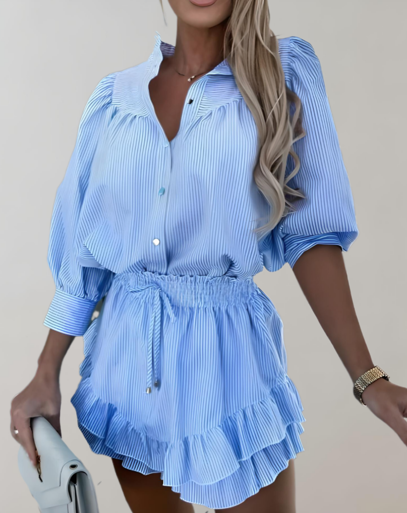 Women's Two-Piece Outfit - Button-Up Blouse & High-Waisted Mini Skirt - Ruffled Layers
