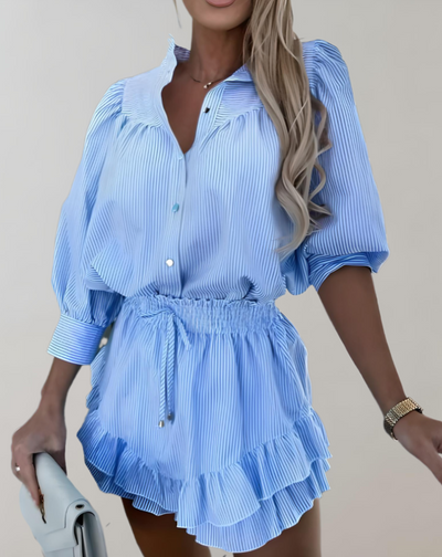 Women's Two-Piece Outfit - Button-Up Blouse & High-Waisted Mini Skirt - Ruffled Layers