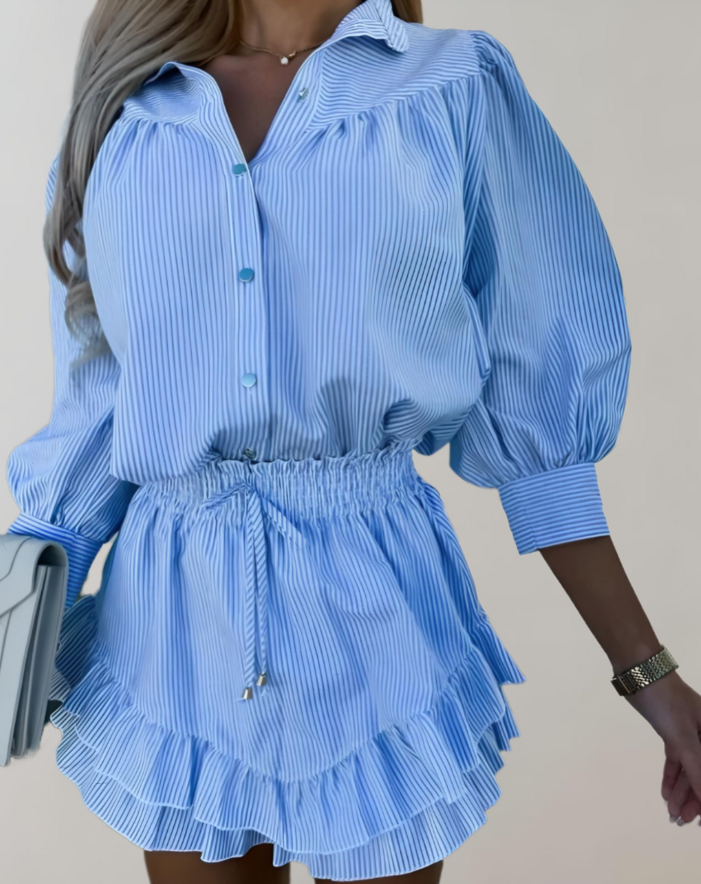 Women's Two-Piece Outfit - Button-Up Blouse & High-Waisted Mini Skirt - Ruffled Layers