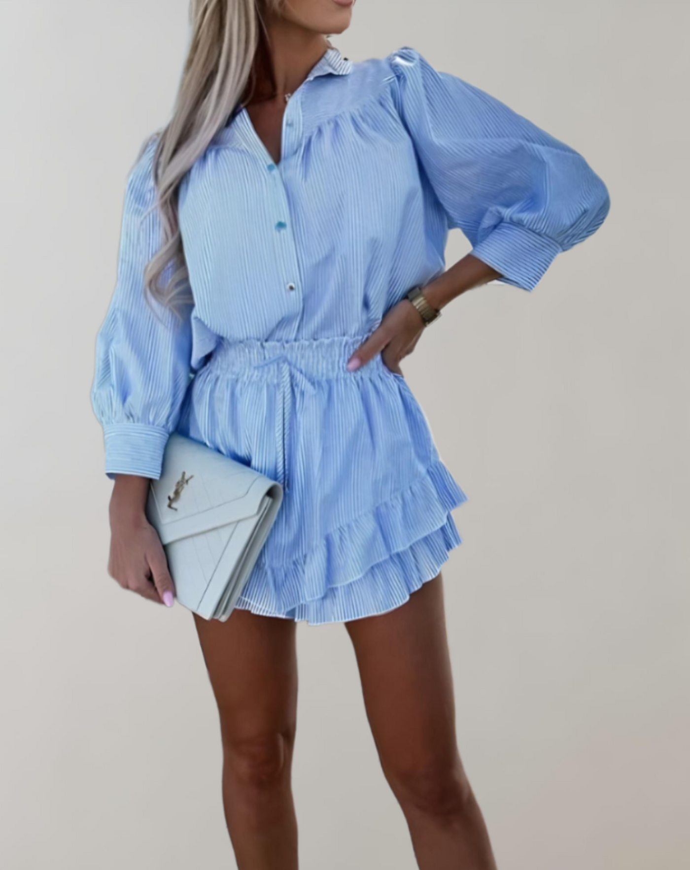 Women's Two-Piece Outfit - Button-Up Blouse & High-Waisted Mini Skirt - Ruffled Layers