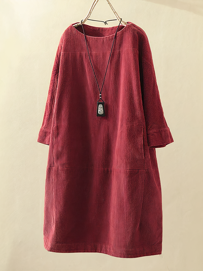 Women's Corduroy Dress - Loose Fit - Long Sleeve - Round Neck Casual Tunic