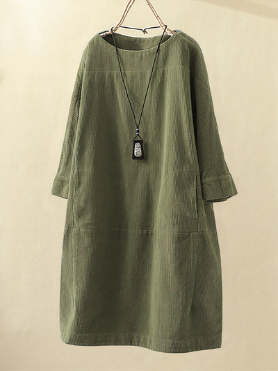 Women's Corduroy Dress - Loose Fit - Long Sleeve - Round Neck Casual Tunic