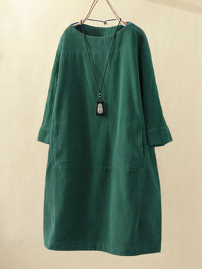 Women's Corduroy Dress - Loose Fit - Long Sleeve - Round Neck Casual Tunic