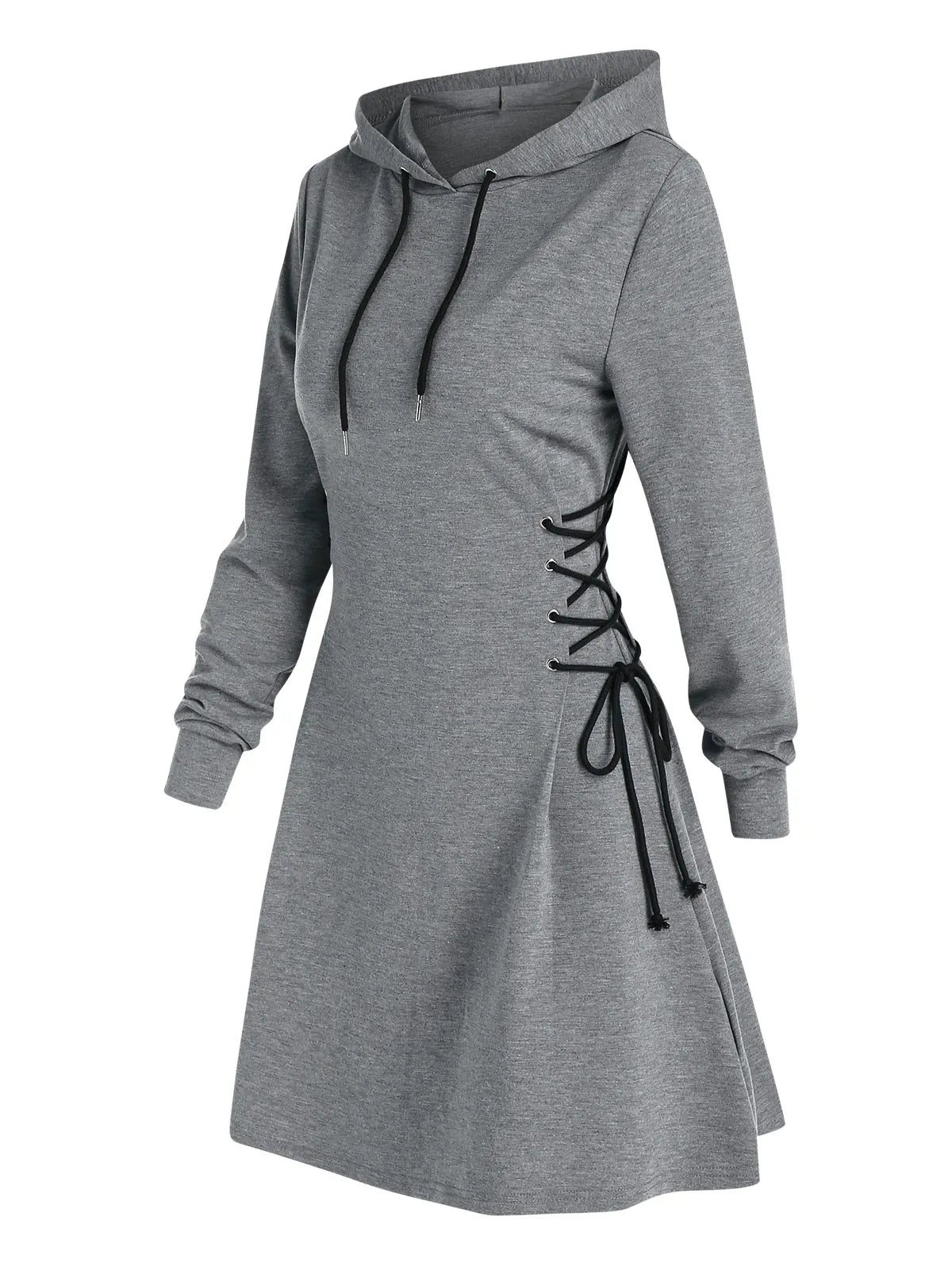 Women's Hooded Mini Dress - A-Line Fit - Lace-Up Sides - Long Sleeve Casual Wear