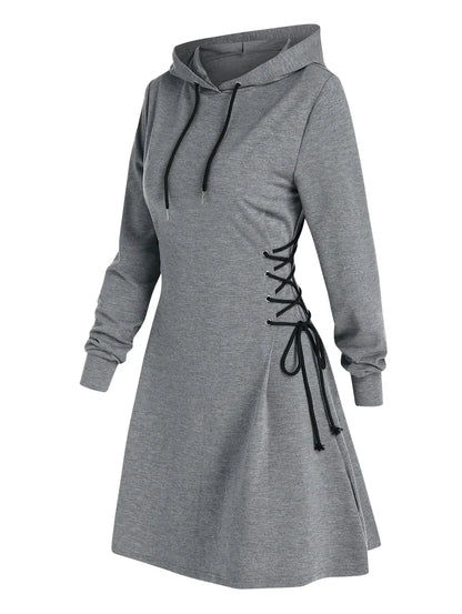 Women's Hooded Mini Dress - A-Line Fit - Lace-Up Sides - Long Sleeve Casual Wear