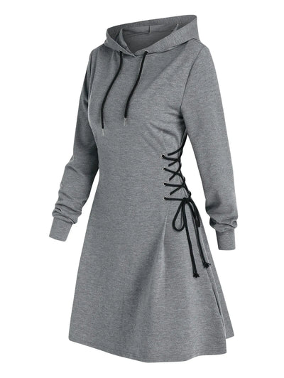 Women's Hooded Mini Dress - A-Line Fit - Lace-Up Sides - Long Sleeve Casual Wear