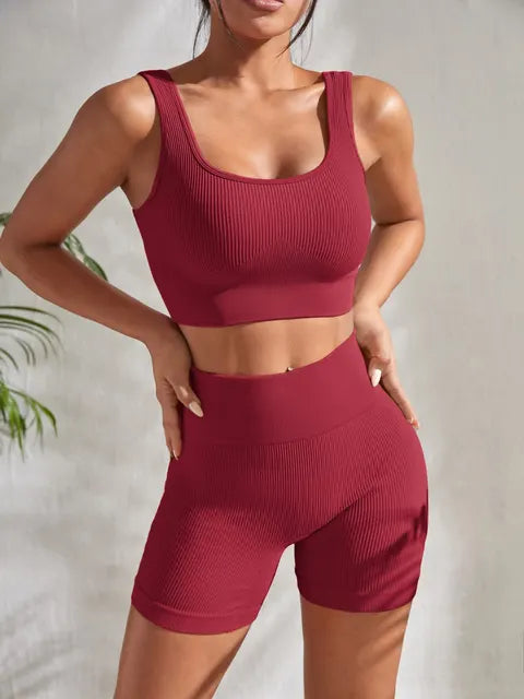 Women's eribed yoga set with sleeveless top and shorts
