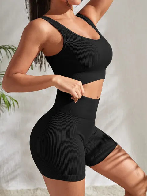 Women's eribed yoga set with sleeveless top and shorts