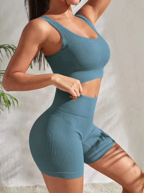 Women's eribed yoga set with sleeveless top and shorts