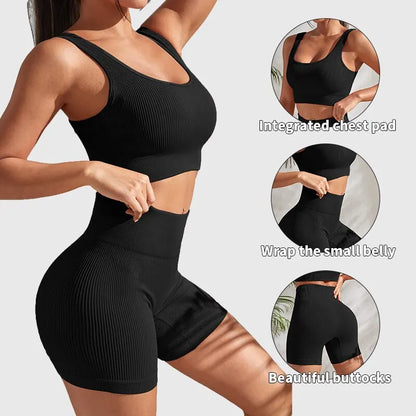 Women's eribed yoga set with sleeveless top and shorts