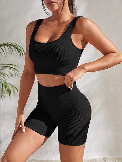 Women's Ribbed Workout Set – Sleeveless Crop Top & High-Waisted Stretch Shorts