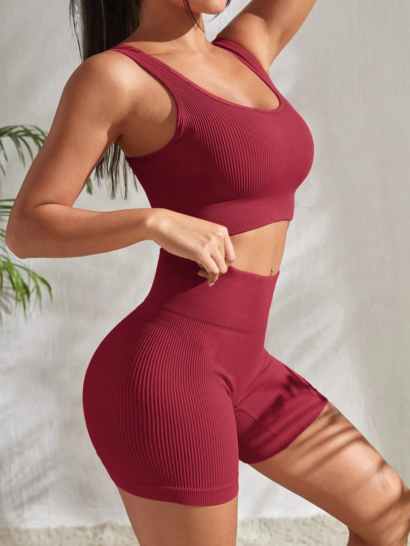 Women's Ribbed Workout Set – Sleeveless Crop Top & High-Waisted Stretch Shorts