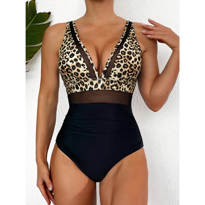 Women’s Swimsuit – Fitted One-Piece – Plunging Neckline – Mesh Panels – High-Cut Leg