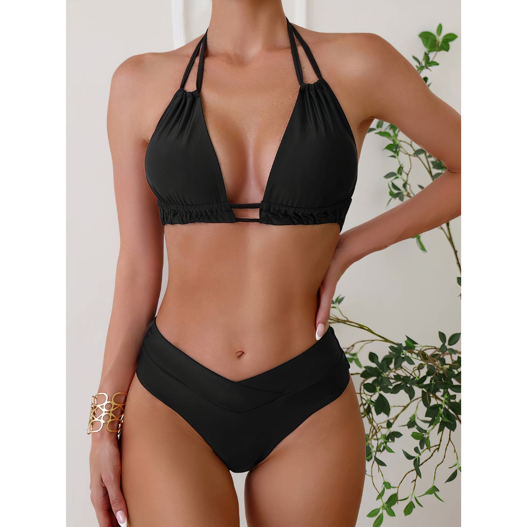 Women’s Bikini Set – Halter Neck Top – High-Waisted V-Cut Bottom – Stretch Breathable Fabric