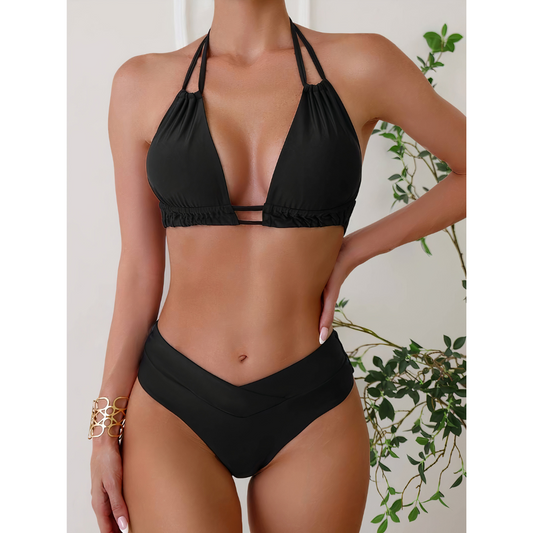 Women’s Bikini Set – Halter Neck Top – High-Waisted V-Cut Bottom – Stretch Breathable Fabric