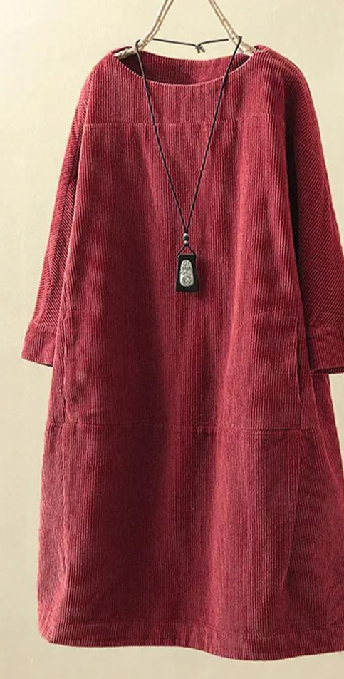 Women's Corduroy Dress - Relaxed Fit - Knee-Length - 3/4 Sleeve Minimalist Style
