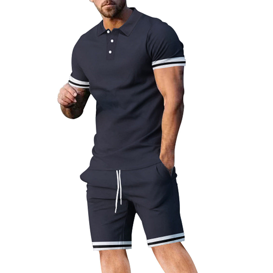 Men’s Polo Shirt and Shorts Set – Slim Fit – Breathable Blend – Sporty Stripe Detail
