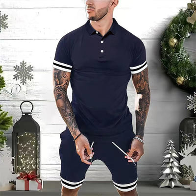 Men’s Polo Shirt and Shorts Set – Slim Fit – Breathable Blend – Sporty Stripe Detail