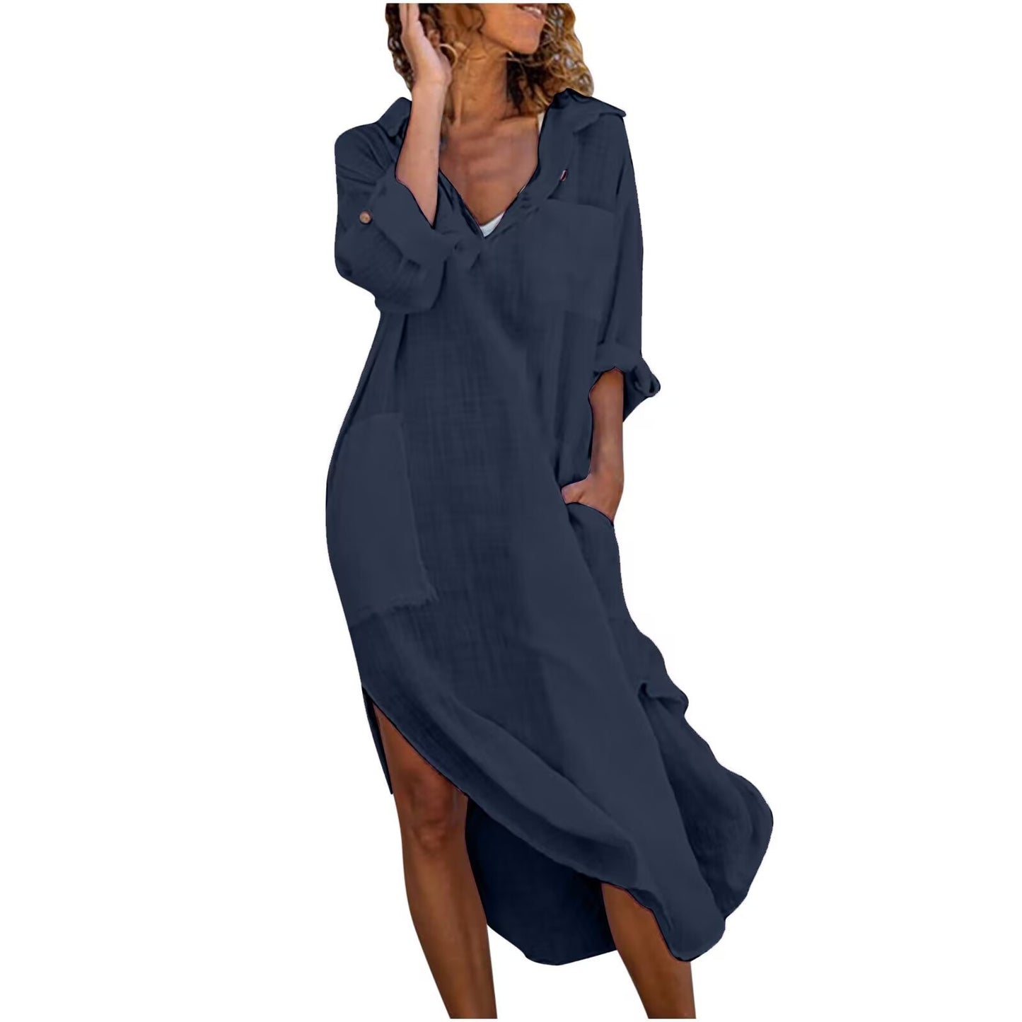 Women's Shirt Dress - Cotton - Relaxed Fit - Button Front - Long Flowing Style
