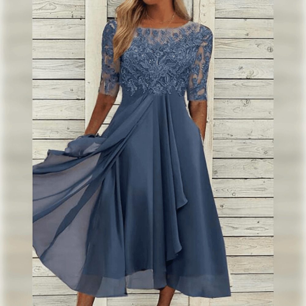 Women’s Midi Dress - Lace Bodice - Elbow Sleeve - Asymmetrical Layered Skirt