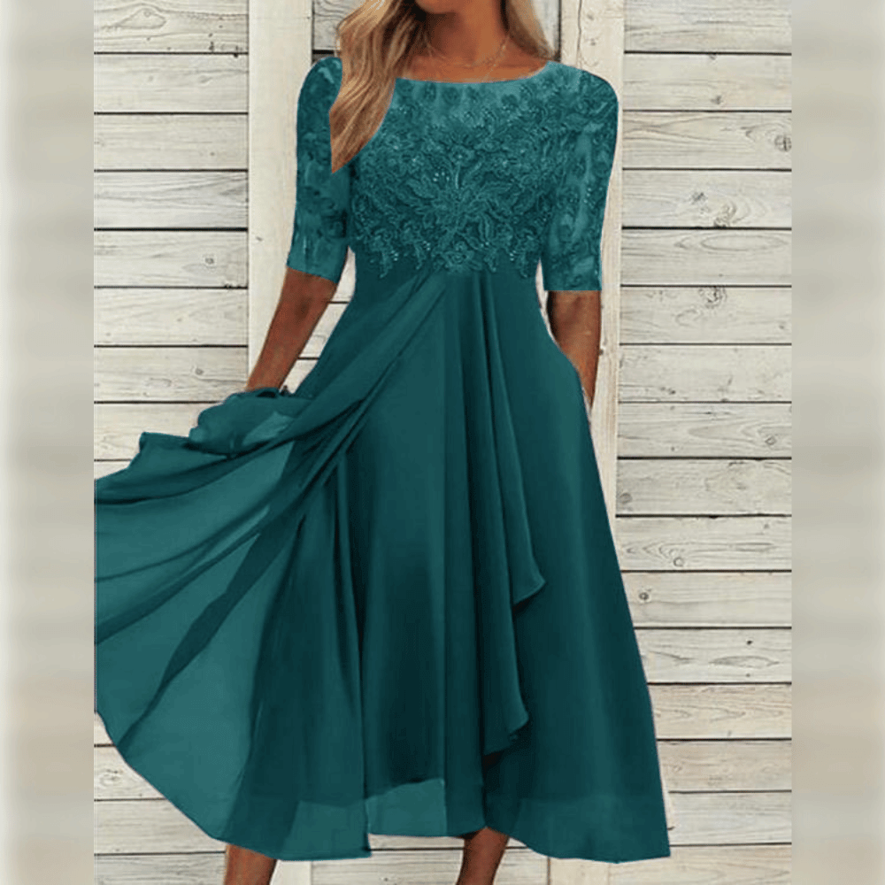 Women’s Midi Dress - Lace Bodice - Elbow Sleeve - Asymmetrical Layered Skirt