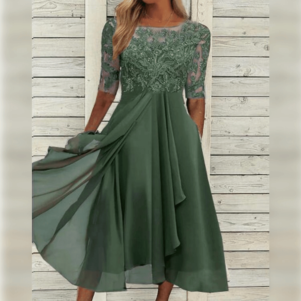 Women’s Midi Dress - Lace Bodice - Elbow Sleeve - Asymmetrical Layered Skirt