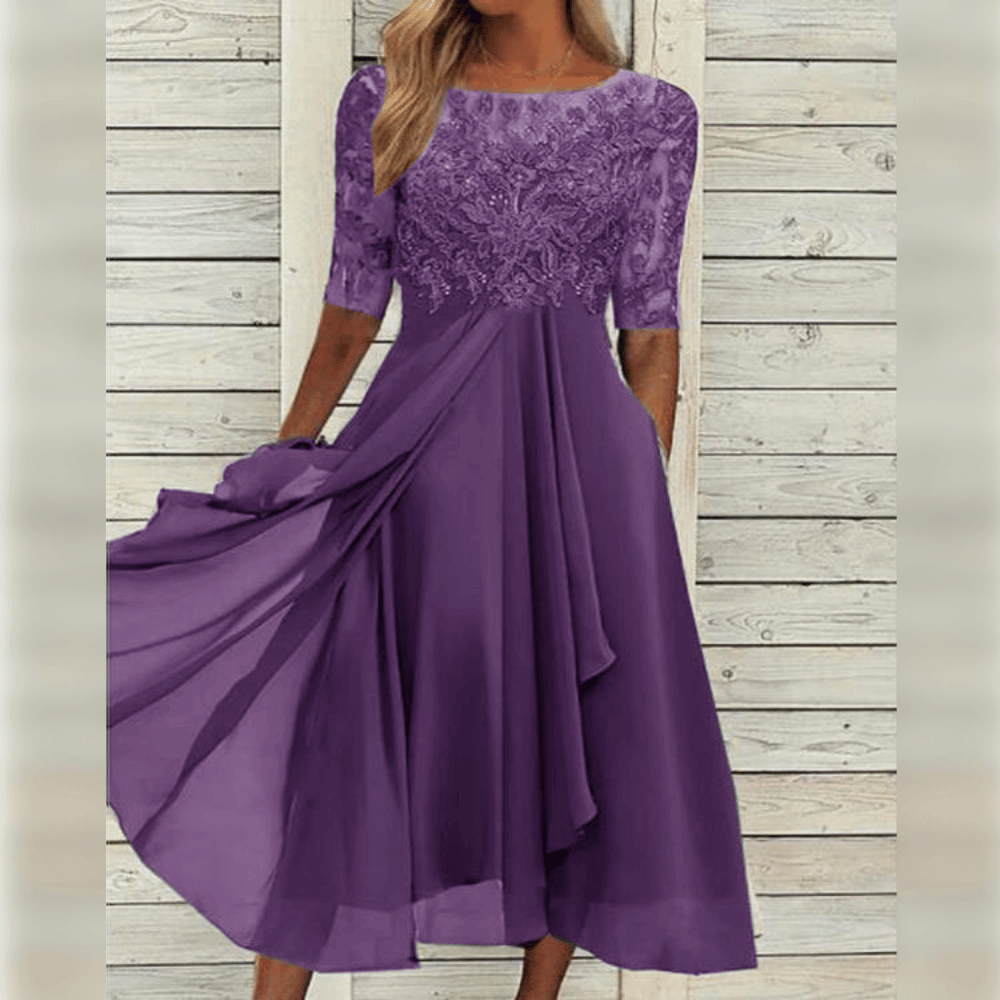Women’s Midi Dress - Lace Bodice - Elbow Sleeve - Asymmetrical Layered Skirt