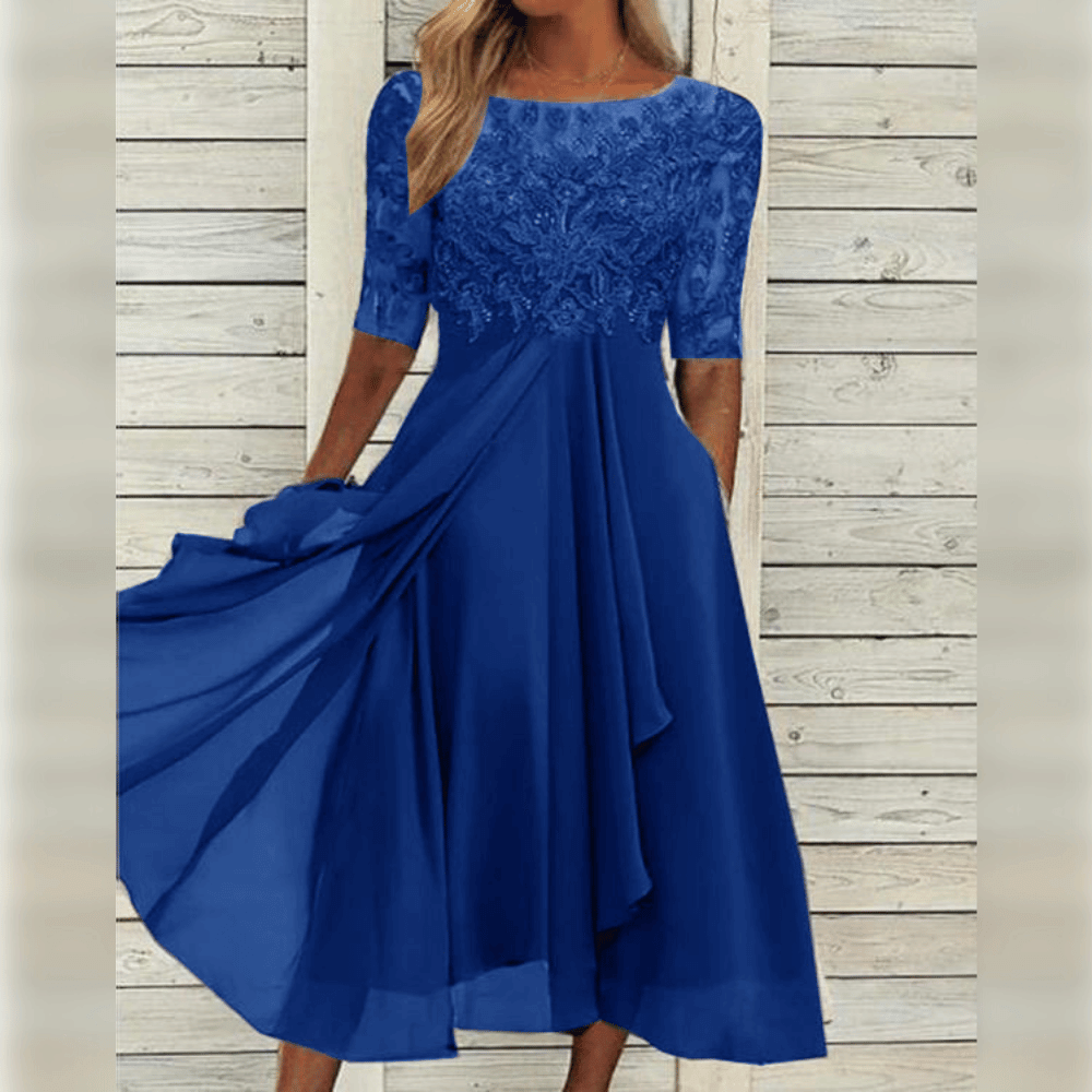 Women’s Midi Dress - Lace Bodice - Elbow Sleeve - Asymmetrical Layered Skirt