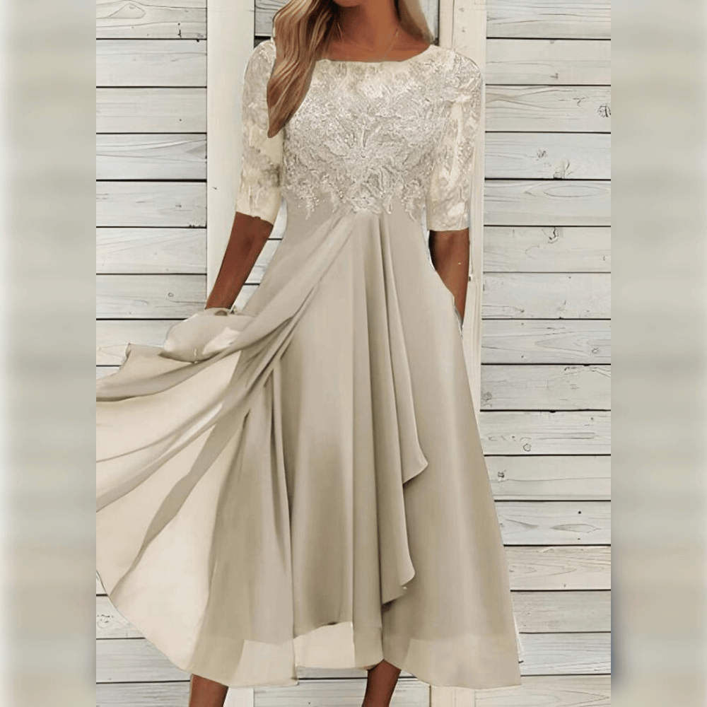 Women’s Midi Dress - Lace Bodice - Elbow Sleeve - Asymmetrical Layered Skirt