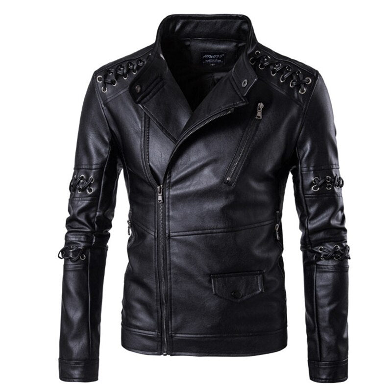 Stylish men's biker jacket with decorative belts