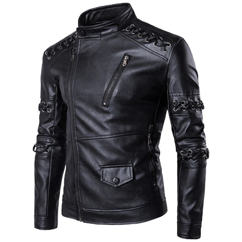 Stylish men's biker jacket with decorative belts