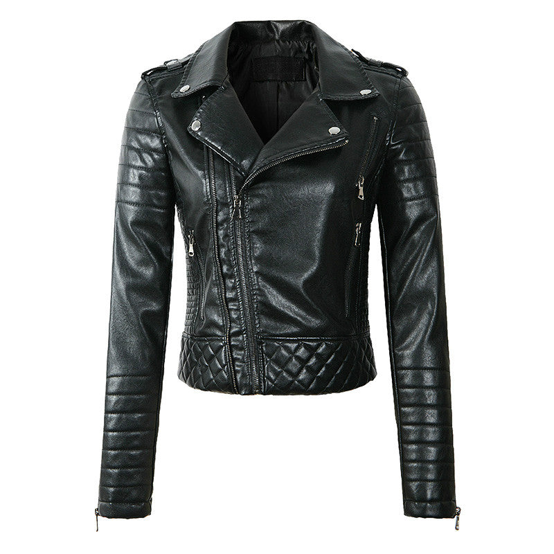 Women's Biker Jacket - Faux Leather - Quilted Panels - Asymmetrical Zip - Tailored Fit