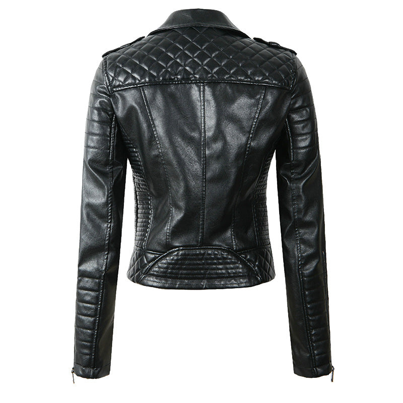 Women's Biker Jacket - Faux Leather - Quilted Panels - Asymmetrical Zip - Tailored Fit